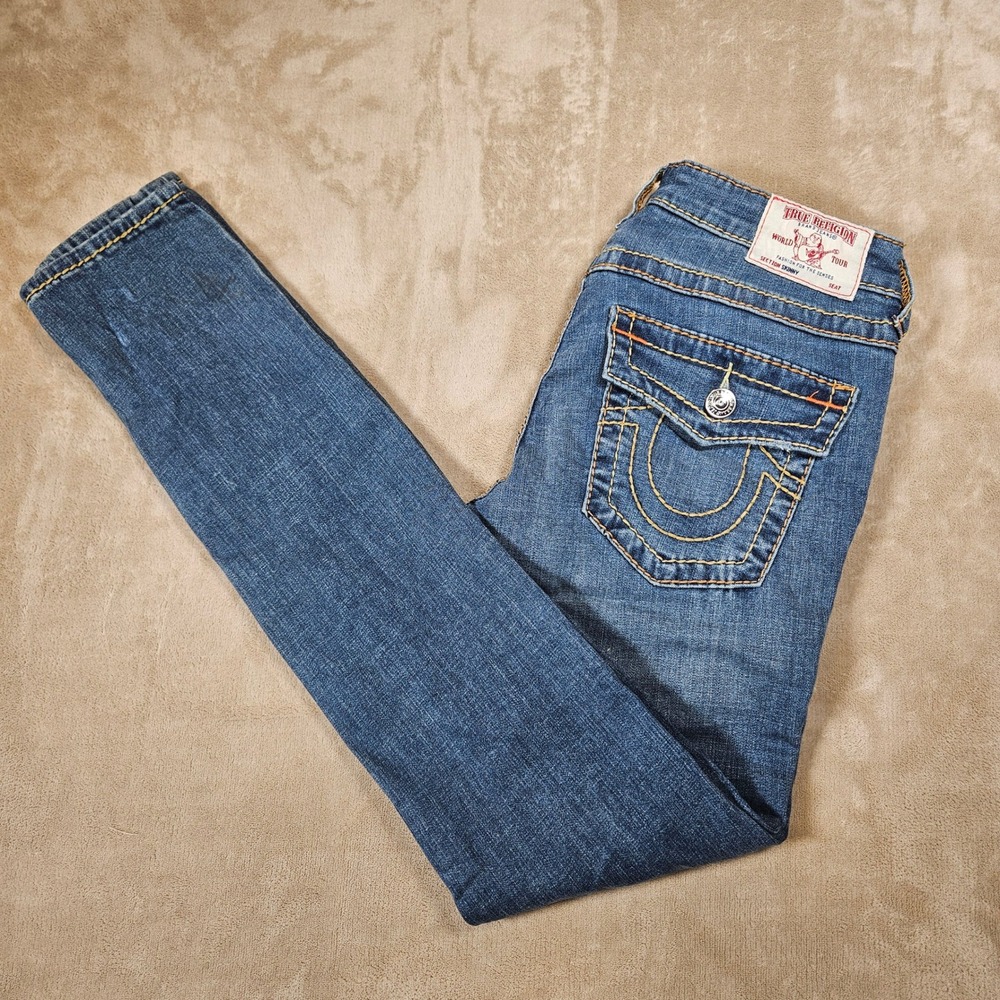 True Religion Skinny Jeans Womens 30 Blue Distressed Low Rise Bold Stitch 0540